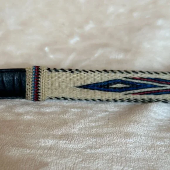 Southwestern Brass Buckle Woven Black Leather Strap Belt Holes 28" - 32" EUC - Picture 4 of 11